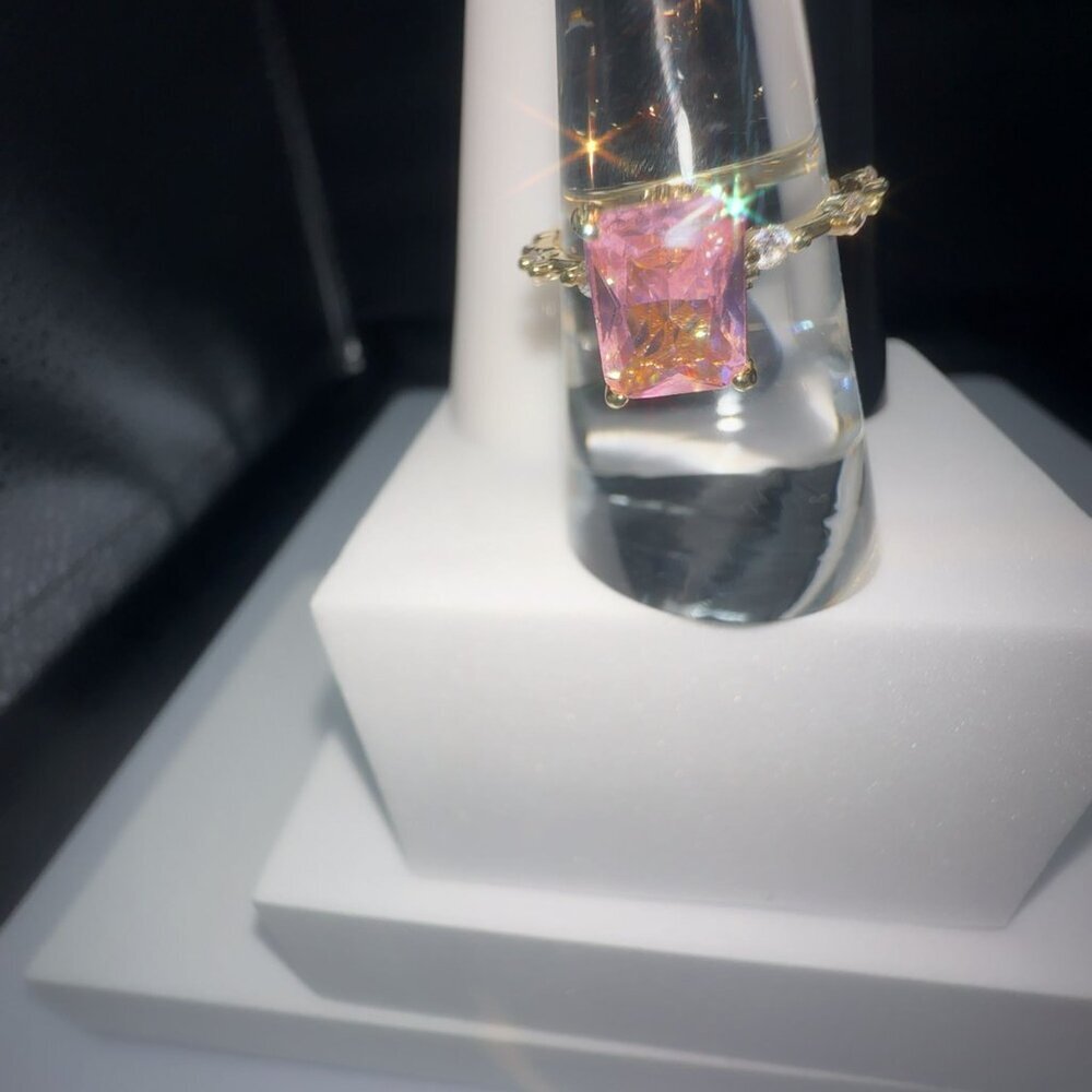 Pink Radiant-Cut Gemstone Ring With Gold-Plated Brass Band & Micro Insert Inlay - Picture 7 of 9